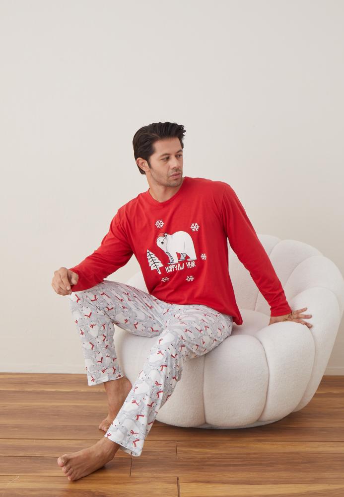 Pijama barbati Craciun "HAPPY NEW YEAR" , maneca lunga ,pantaloni lungi,Culoare Rosu ,Engros